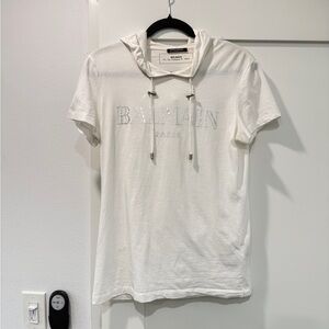 Balmain White Short-Sleeve Hooded Logo Tee